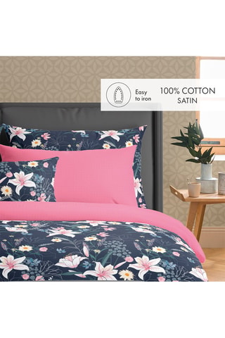 2 taies d'oreiller en satin de coton 80 fils/cm² Jardin rêveur - Bleu foncé et rose