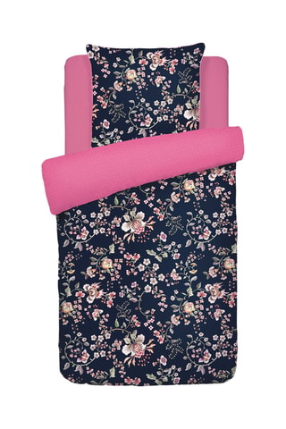 Parure de couette en satin de coton 80 fils/cm² 
Murmure floral - Bleu foncé et rose