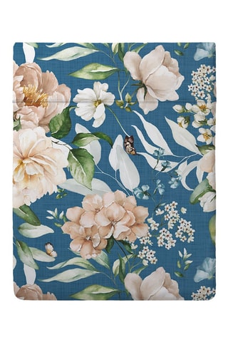 Drap plat en satin de coton 80 fils/cm² Jardin de fleurs - Bleu pétrole