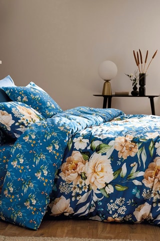 Drap plat en satin de coton 80 fils/cm² Jardin de fleurs - Bleu pétrole