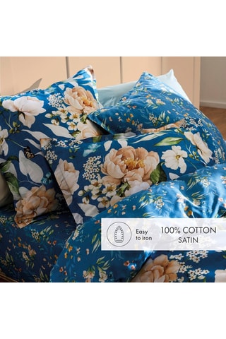 Drap plat en satin de coton 80 fils/cm² Jardin de fleurs - Bleu pétrole
