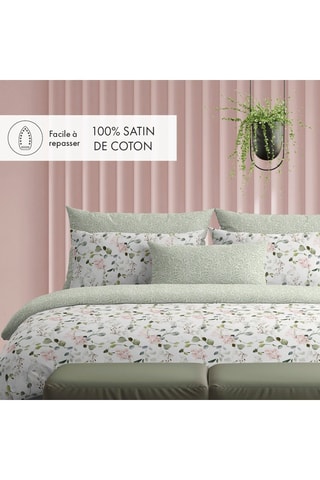 Drap plat en satin de coton 80 fils/cm² Feuilles de coeur - Vert foncé