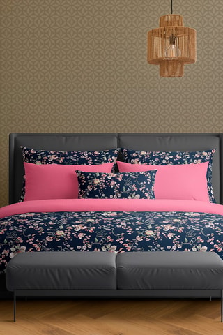 Drap plat Murmure floral - Bleu foncé et rose