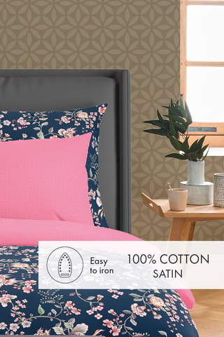 Drap plat Murmure floral - Bleu foncé et rose
