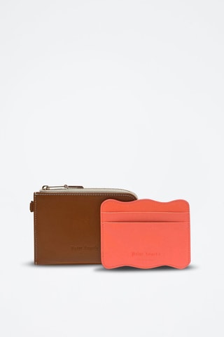 Pochette et porte-cartes en cuir de veau - Marron et orange
