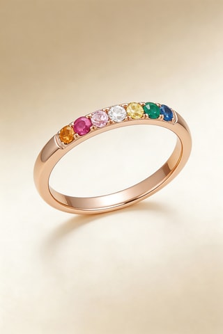 Bague Color Line - Or rose, saphirs, émeraude et rubis