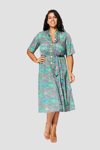 Robe chemise - Blanc, bleu et vert