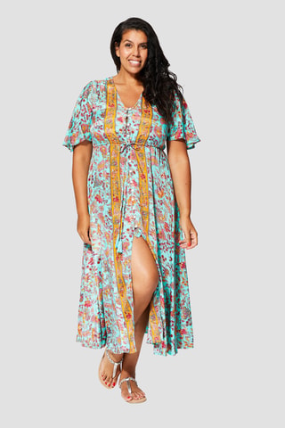 Robe midi - Blanc, orange et rose