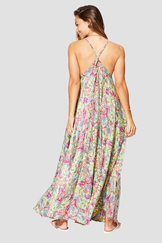 Robe longue - Bleu, jaune et rose