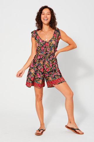 Combishort fleuri - Noir, beige et rose