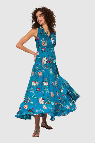 Robe longue - Beige, bleu et rose