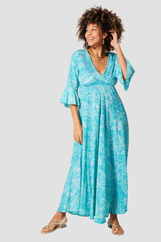 Robe longue - Turquoise et blanc