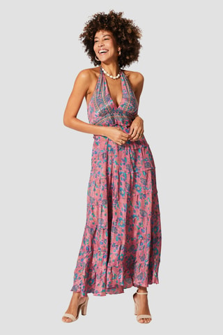 Robe longue - Beige, bleu et rose