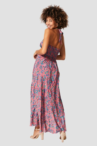 Robe longue - Beige, bleu et rose