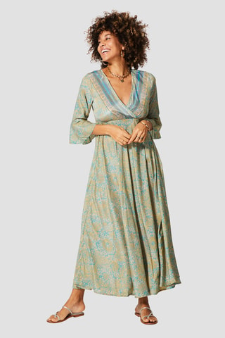 Robe longue - Beige, turquoise et gris
