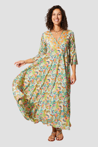 Robe empire longue - Turquoise, vert et orange