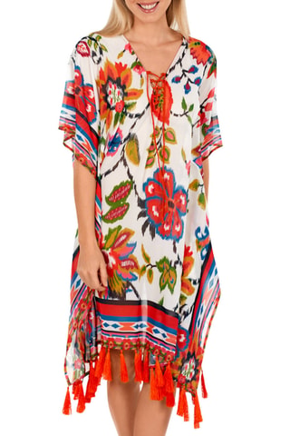 Caftan de plage - Blanc et orange - Dolores Cortés