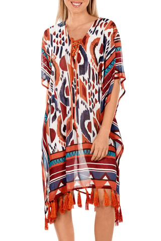 Caftan de plage - Blanc et orange - Dolores Cortés