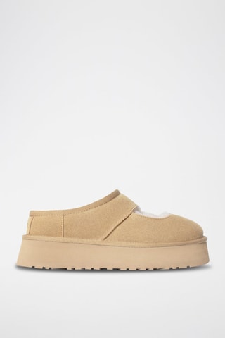 Chaussons fourrés en nubuck Mary Jane - Beige
