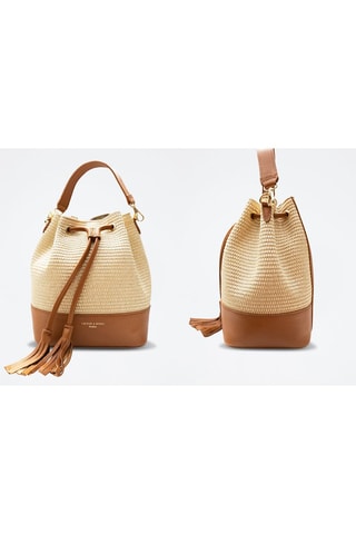 Sac seau en cuir et raphia Livy - Beige et marron