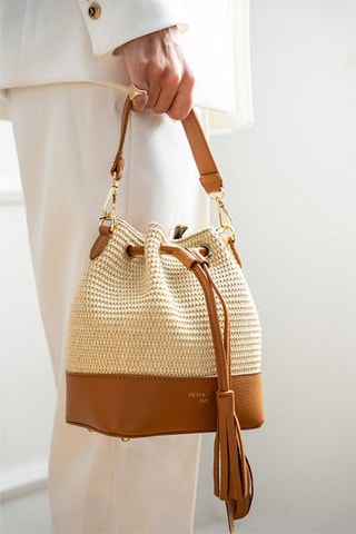 Sac seau en cuir Mini Livy - Beige clair et camel