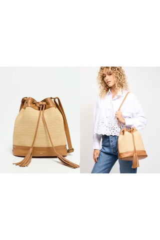Sac seau en cuir et paille Cerise Rafia - Marron