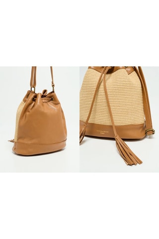 Sac seau en cuir et paille Cerise Rafia - Marron