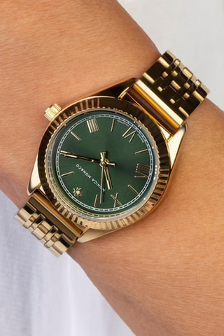 Stalen Quartz Horloge met Diamant - Goudkleurig en Donkergroen - Monica Monaco