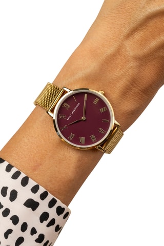 Stalen Quartz Horloge - Goudkleurig en Bordeauxrood