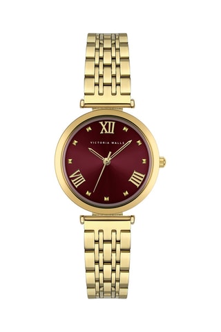 Stalen Quartz Horloge - Goudkleurig en bordeauxrood - Victoria Walls