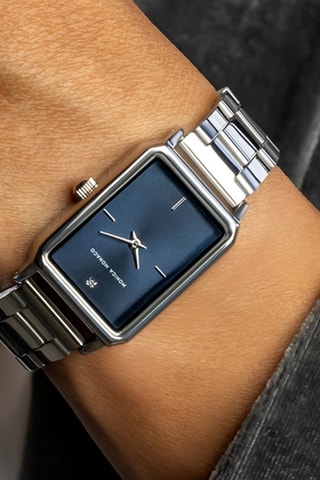 Stalen Quartz Horloge met Diamant - Zilverkleurig en Blauw