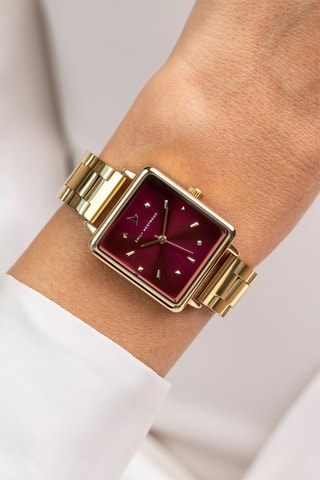 Stalen Quartz Horloge - Goudkleurig en Bordeauxrood - Emily Westwood
