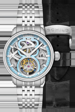 Cofanetto orologio automatico e cinturini in acciaio e ? Maximillian - Argentato e celeste - Schild