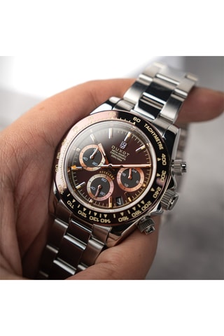 Orologio al quarzo in acciaio Accelero - Tachimetro e cronografo - Argentato e marrone - Duxot