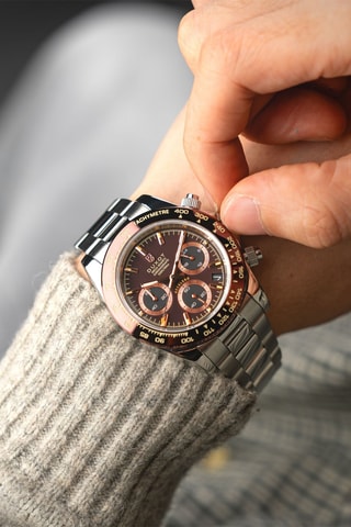 Orologio al quarzo in acciaio Accelero - Tachimetro e cronografo - Argentato e marrone - Duxot