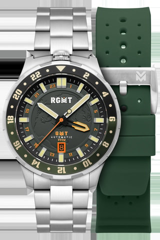 Cofanetto orologio automatico e cinturini in acciaio e silicone Globemaster - GMT - Argentato e nero - RGMT