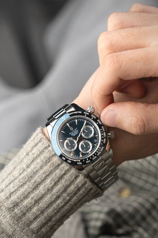 Orologio al quarzo in acciaio Accelero - Tachimetro e cronografo - Argentato e petrolio - Duxot