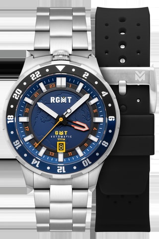 Cofanetto orologio automatico e cinturini in acciaio e silicone Globemaster - GMT - Argentato e navy - RGMT