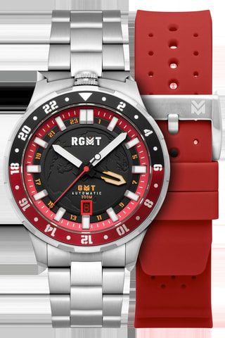 Cofanetto orologio automatico e cinturini in acciaio e silicone Globemaster - GMT - Argentato e nero - RGMT