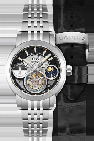 Orologio meccanico in acciaio Heinrich Moonphase - GMT - Argentato e nero - Schild