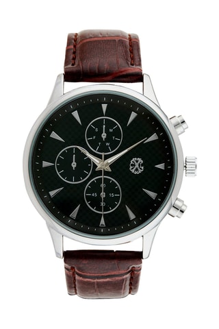 Montre à quartz en cuir synthétique - Chronographe - Marron et argenté