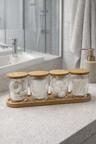 4 pots en verre avec couvercles en bambou - 31,5 cl
