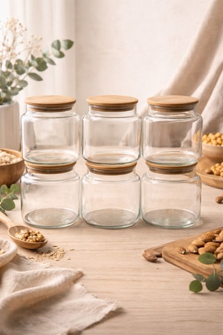 6 boîtes de conservation en verre avec couvercles en bambou - 63 cl