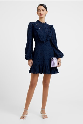 Vestido com folhos em bordado inglês Appelona - Azul-marinho
