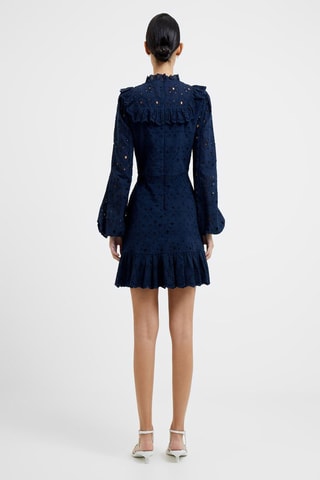 Vestido com folhos em bordado inglês Appelona - Azul-marinho