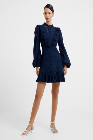 Vestido com folhos em bordado inglês Appelona - Azul-marinho