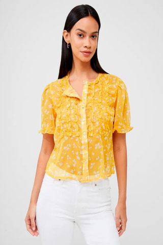 Camisa com folhos Ruffle - Amarelo e branco