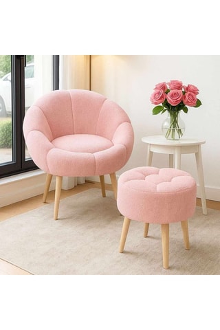 Fauteuil et pouf en frêne Lida - Rose - En tissu bouclette