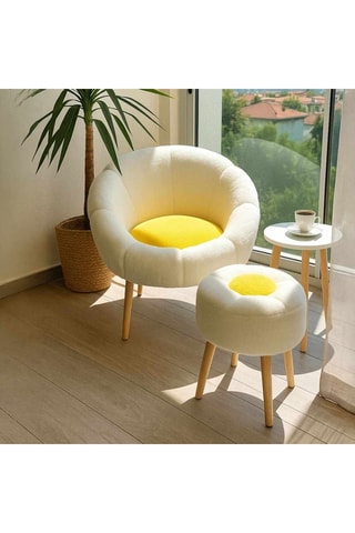 Fauteuil et pouf Lida -  Blanc et jaune - En tissu bouclette