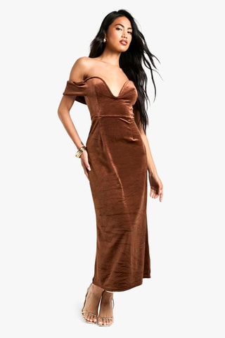 Robe longue en velours - Camel